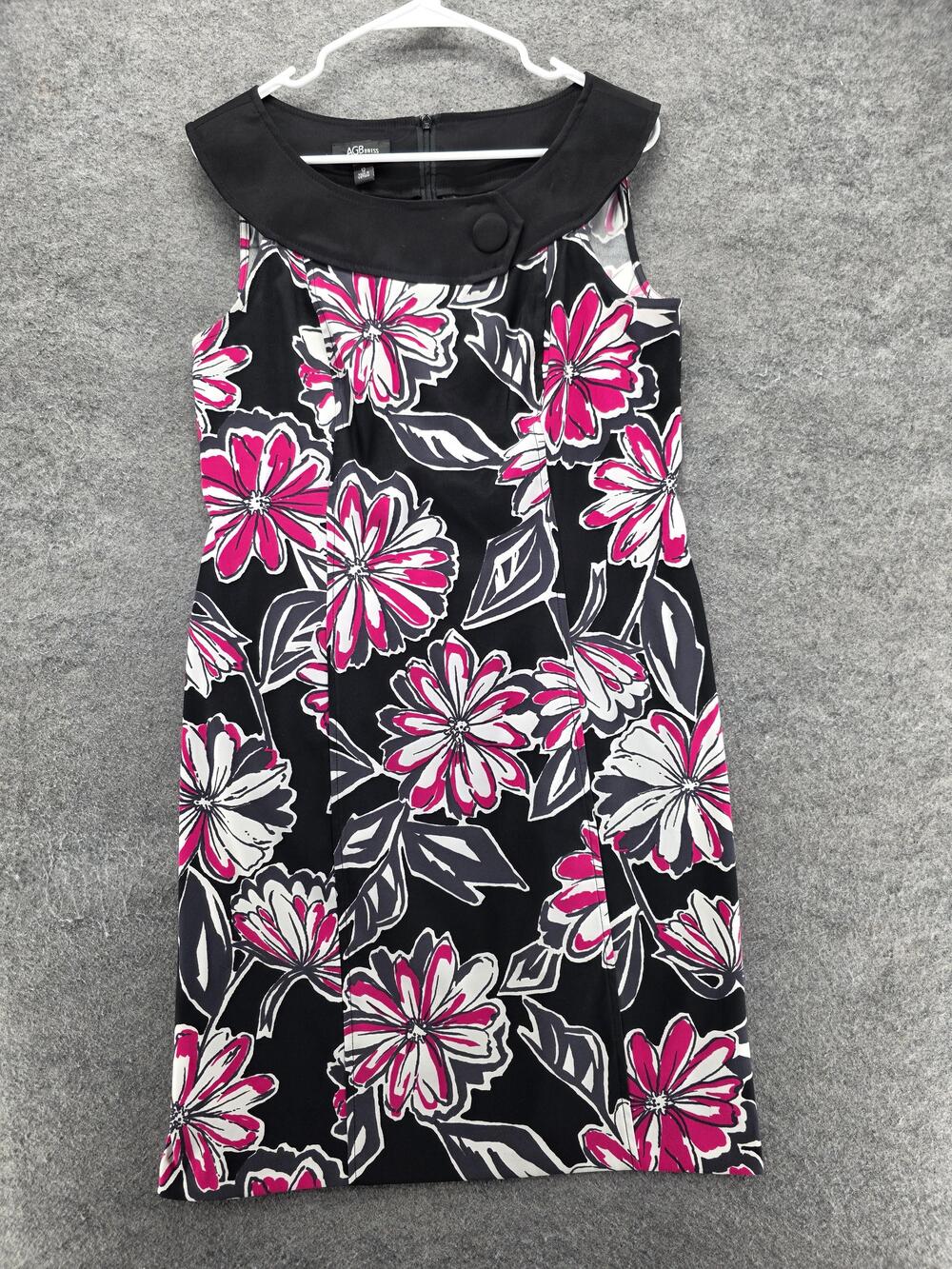 AGB Dress Womens 12 Black Floral Sheath Knee Length Collared Sleeveless Stretch